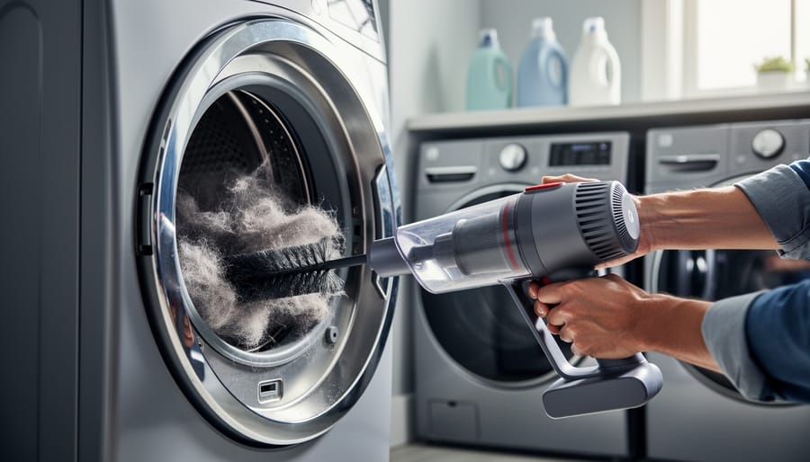 Close-up of a person cleaning a dryer vent connection with a vacuum and vent brush, with lint visible near the vent opening in a laundry room.