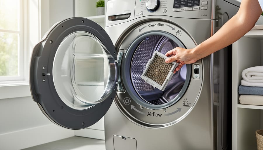 Dryer pulled out from the wall with a vacuum hose and vent cleaning brush kit on the floor nearby