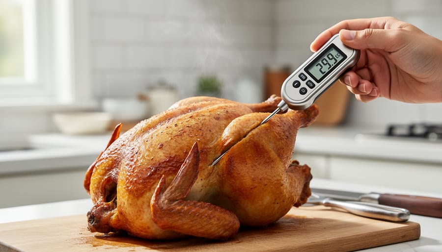 Chef’s hands removing grilled chicken with a thermometer probe inserted