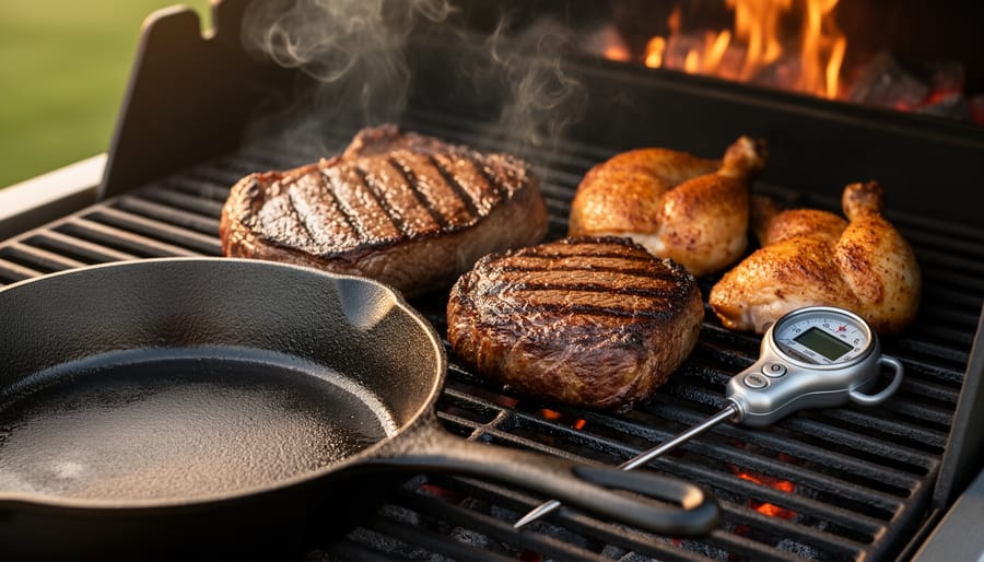 Instant-read thermometer placed next to grilled steak and chicken on a backyard grill grate under warm sunlight.