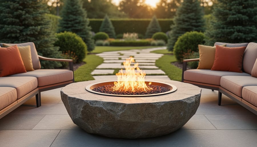 Outdoor fire pit glowing on a stone patio, surrounded by landscaped greenery and outdoor seating in a backyard setting.