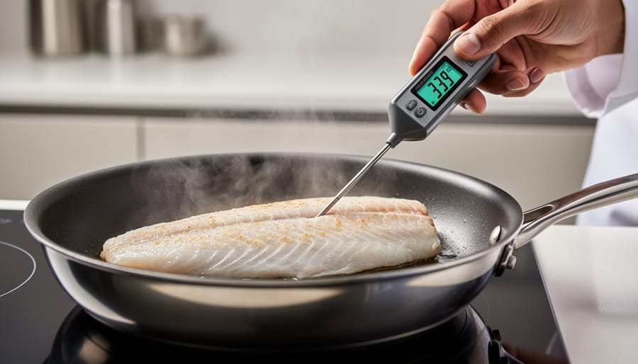 Salmon resting in a cast-iron skillet with a thermometer nearby in a picnic setting