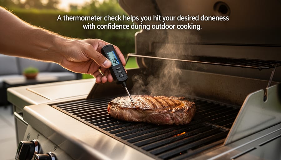 Instant-read thermometer inserted into a steak on a cutting board beside a grill