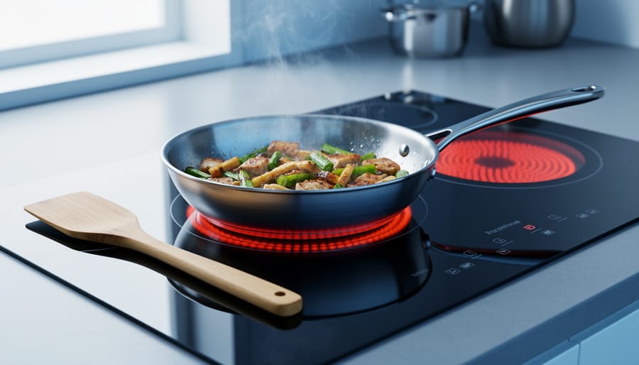 Stainless skillet heating on a glowing electric glass-top stove burner with a wooden spatula resting beside it.