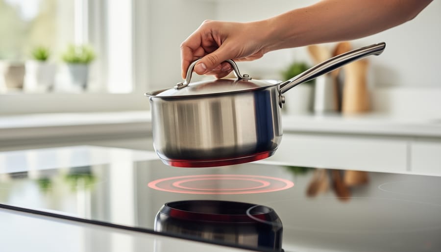 Person lifting a flat-bottom pan above an electric coil burner without dragging it
