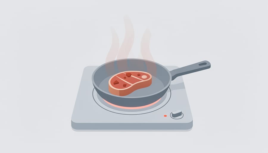Steam rising from a heavy pot on an electric stove after the burner has been turned off
