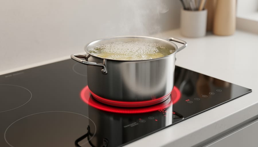 Stainless-steel and cast-iron cookware simmering on a smooth-top electric stove