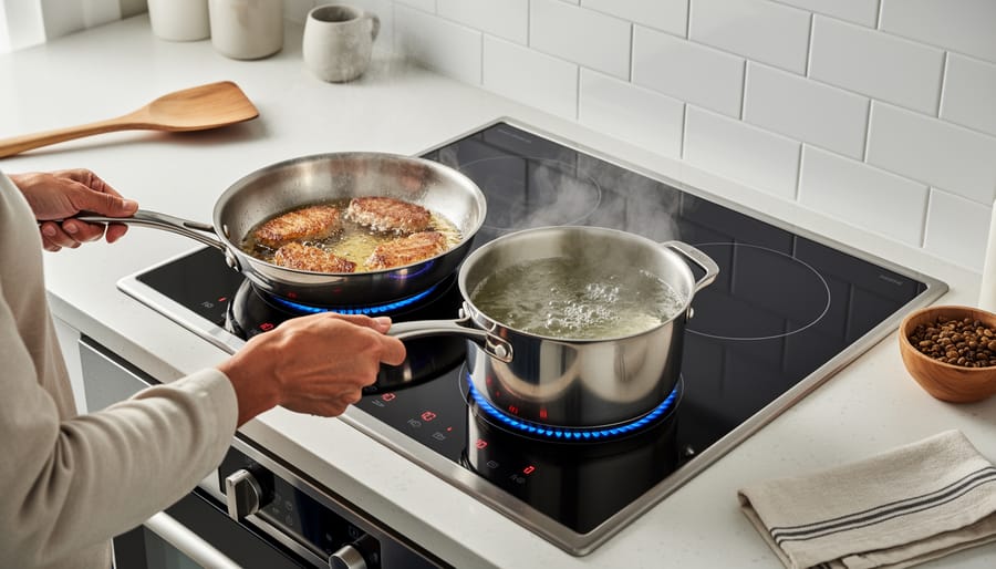 Two pots on an electric stove showing high heat boil on one burner and low simmer on another