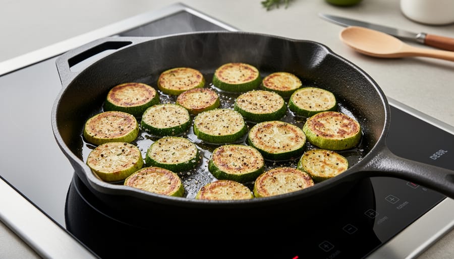 Cast-iron skillet with sizzling zucchini rounds, wooden spatula, and garlic and herbs nearby on a stovetop