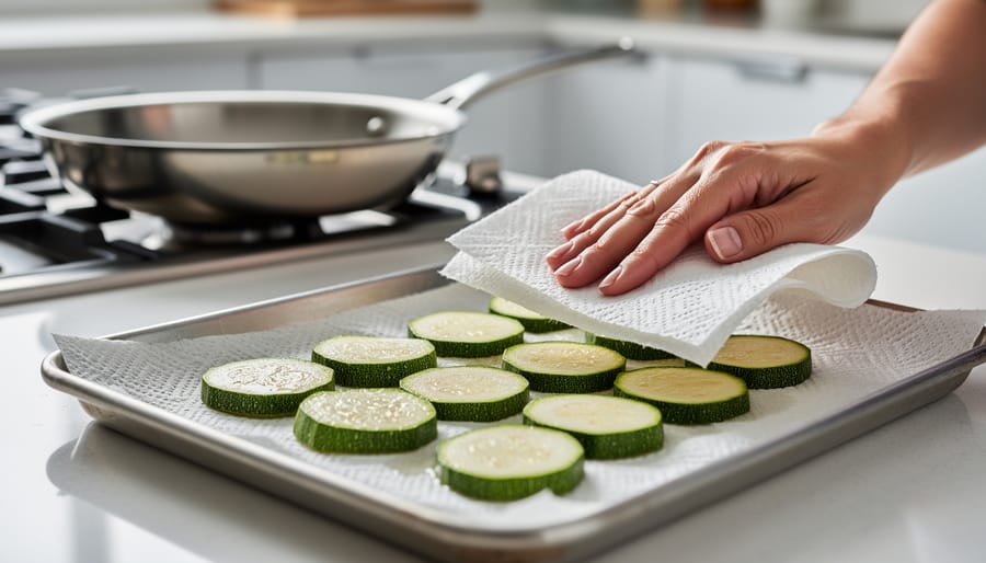 Hands patting cut zucchini dry with paper towels beside a chef’s knife on a cutting board
