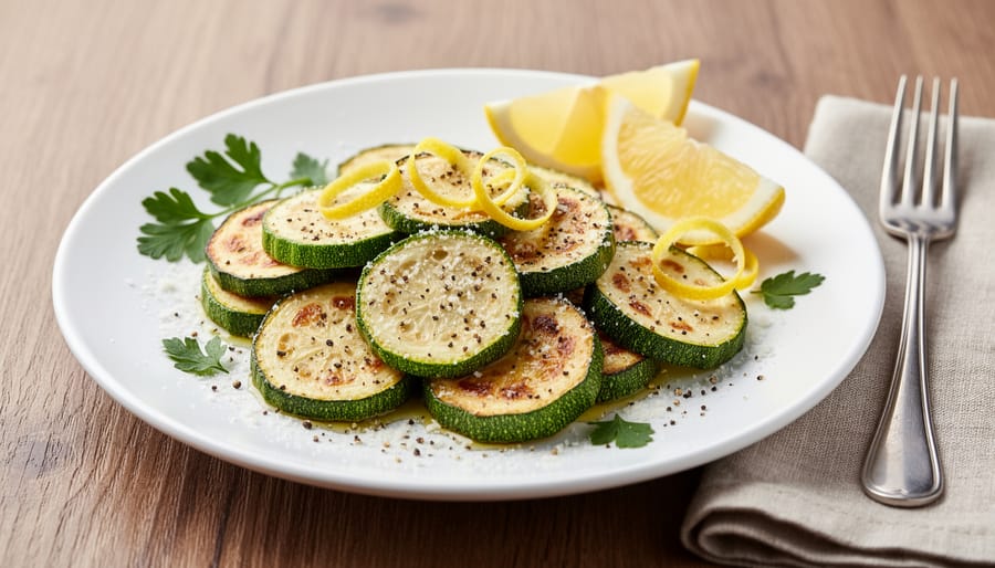 Plated stovetop zucchini topped with Parmesan and lemon wedges on a rustic table