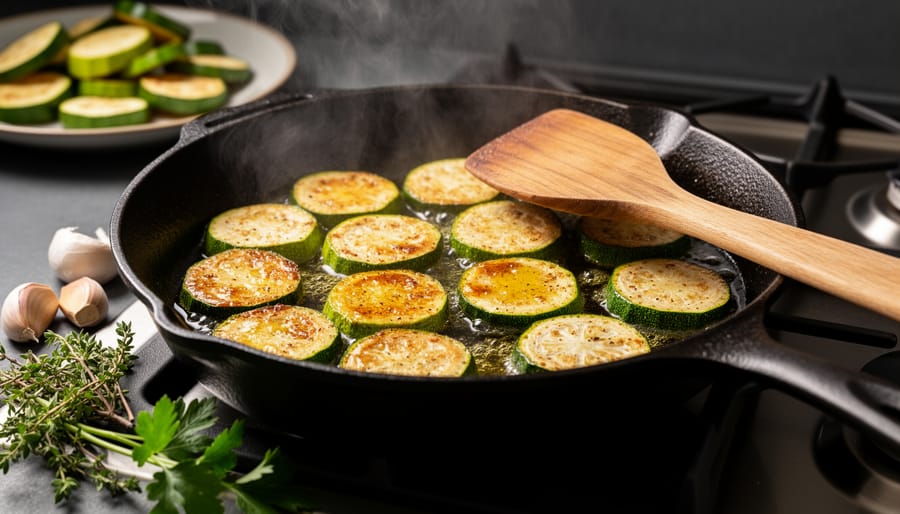 “Close-up of sliced zucchini sizzling in a cast-iron skillet with golden-brown edges, olive oil sheen, and a wooden spatula, garlic, and herbs nearby on the stovetop.”